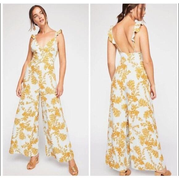 Free People Be The One Jumpsuit sz 4 floral boho festival open back wide leg - Picture 1 of 8